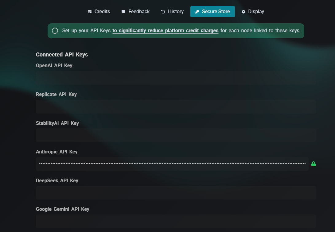 AI-Flow config panel with the Keys tab open