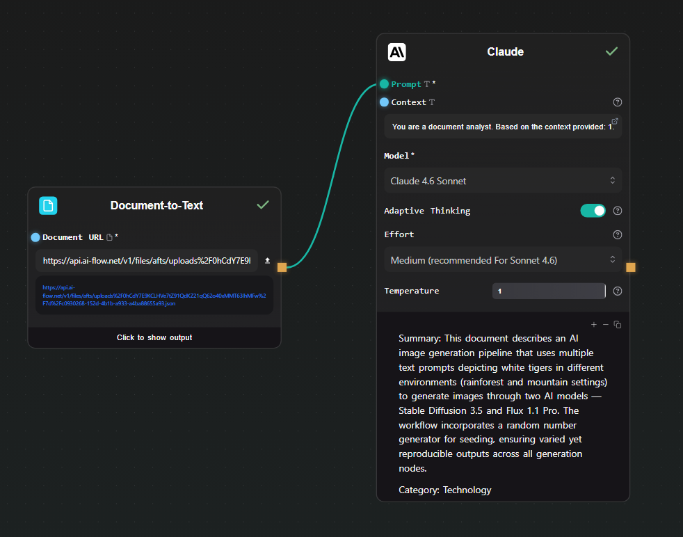 Canvas with Text Input connected to Claude node, output visible below