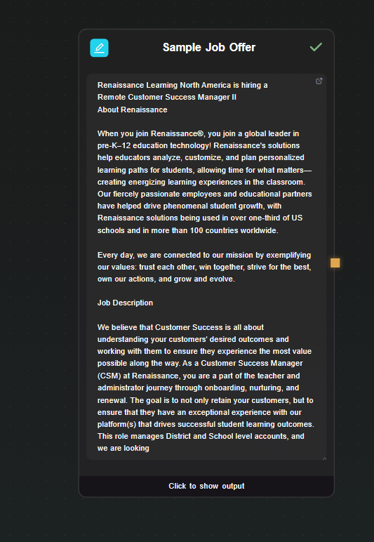 Text Input node with a sample job posting