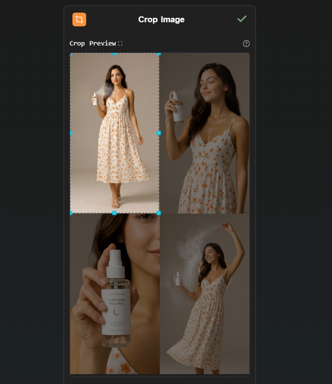Crop Image node showing the 2x2 grid being split into four individual photoshoot images